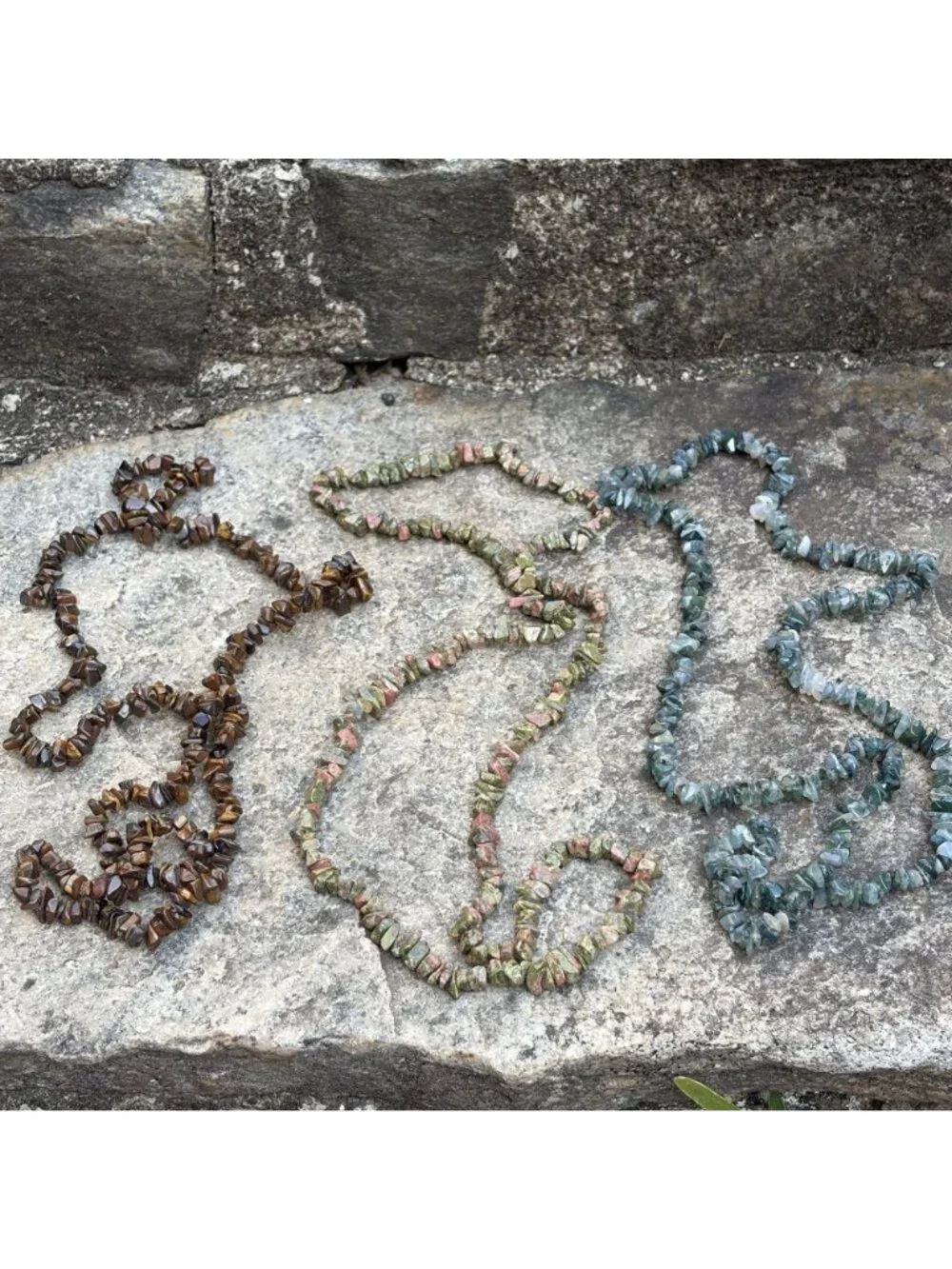 Boho Natural Stone Chip Necklace Bundle Tiger's Eye Unakite Moss Agate Long 32